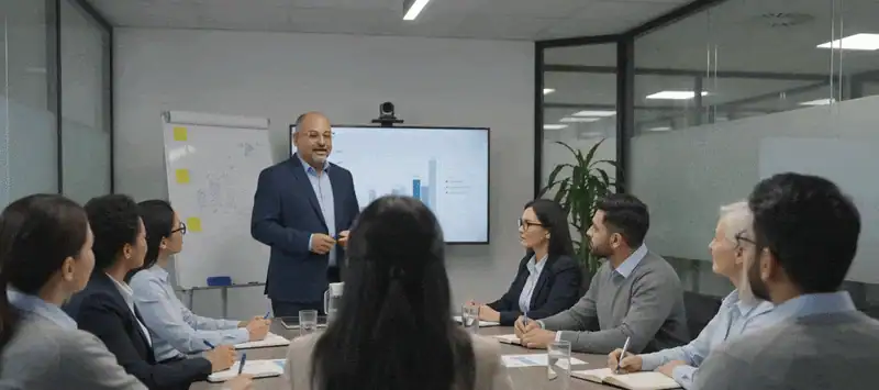 A leadership team working through a data and AI discussion in a conference room